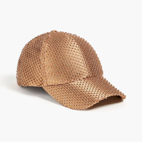 New Eugenia Kim Lo Crystal-Embellished Fishnet Satin Copper Baseball Cap  NWT OS